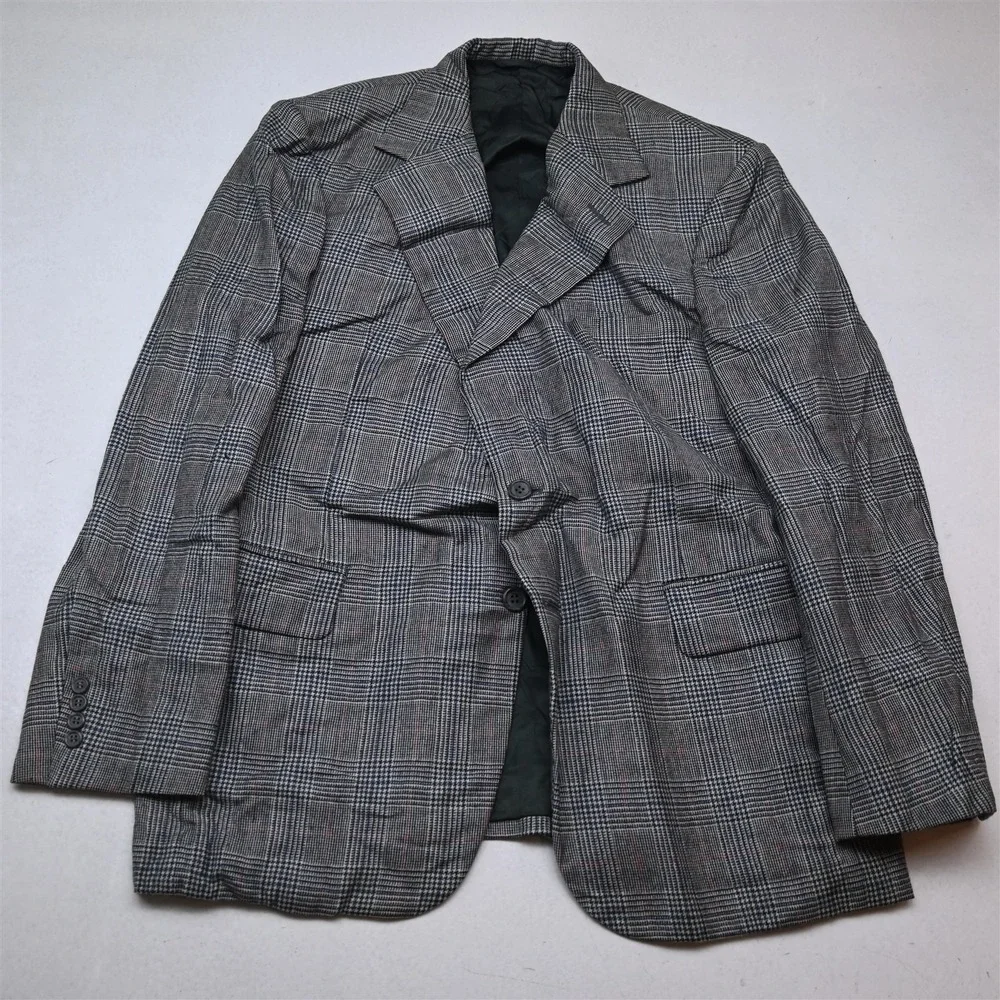 Vtg 44R 36x32 Blue Prince of Wales Check Flannel Wool Mens Jacket Pants Suit